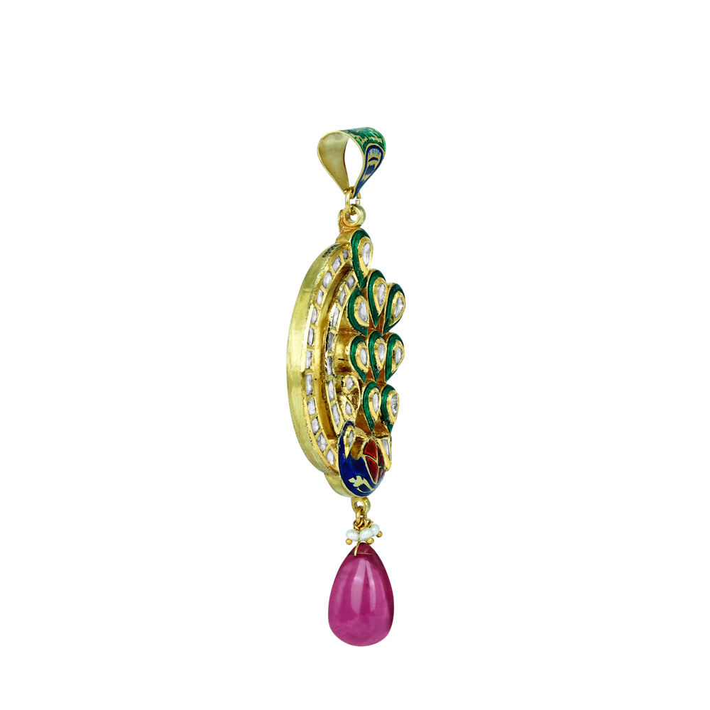 Peacock Enamel Pendant with Polki Diamonds and Tourmaline Drop
